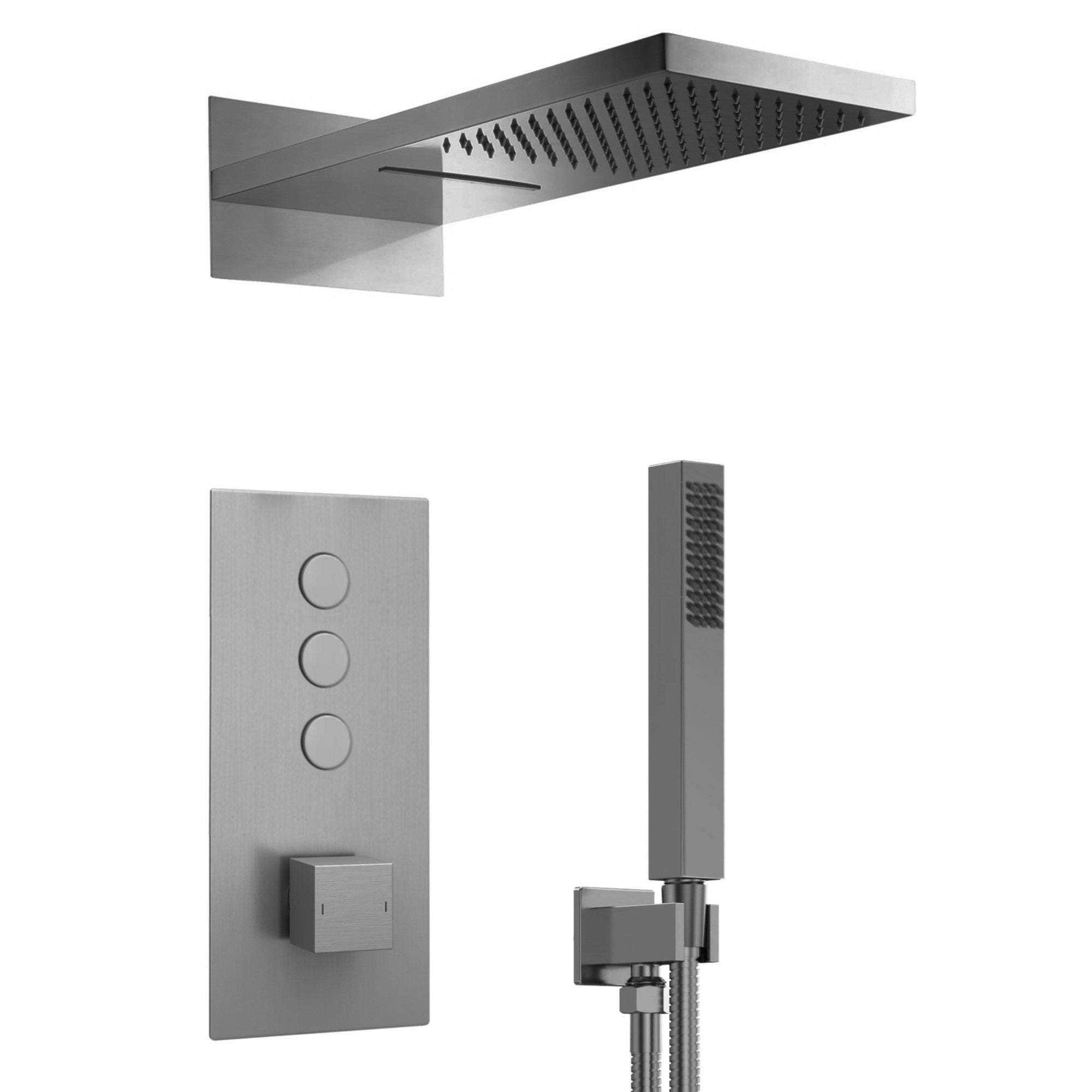 Spello Square Thermostatic Concealed Shower Set with Dual Overhead Shower, Handset Kit - Gunmetal Grey